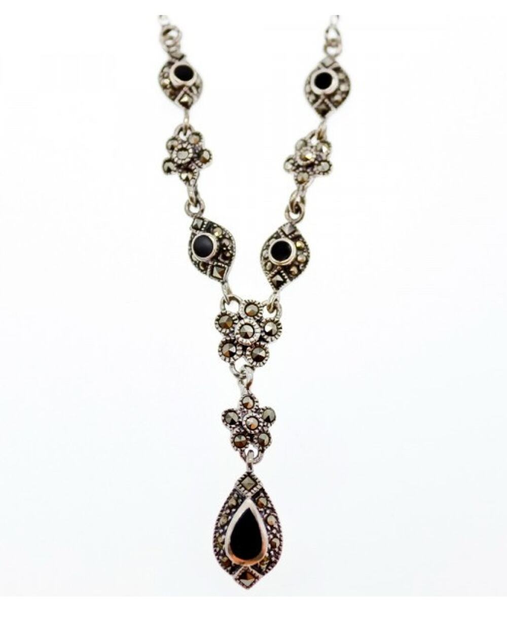 925 Sterling Silver Nephrite & Marcasite Necklase
